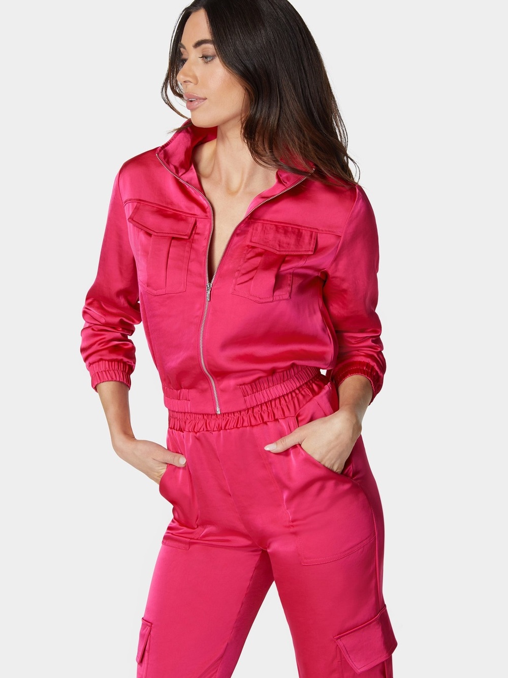 Women's Hot Pink Satin tracksuit set for sale - Picture 2 of 7